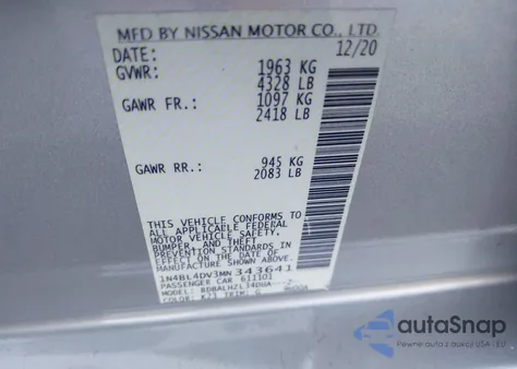 2021 Nissan Altima Sv Fwd z USA, uszkodzony, nr VIN 1N4BL4DV3MN343641